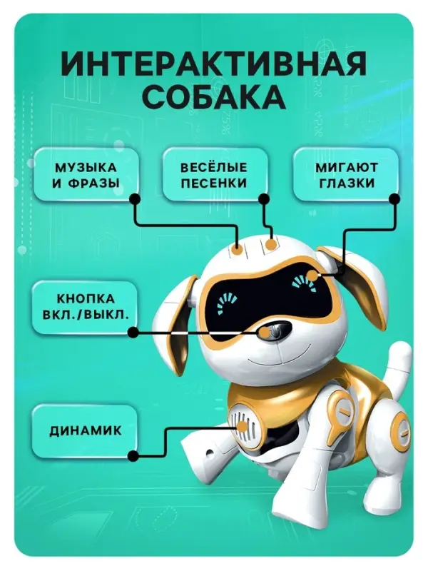 Робот собака &laquo;Чаппи&raquo; IQ BOT, интерактивный: сенсорный, свет, звук, музыкальный, танцующий, на аккумуляторе, на русском языке, золотой