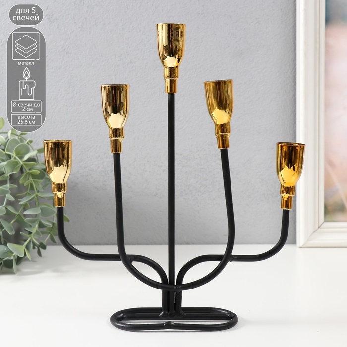Подсвечник металл на 5 свечей Подсвечник металл на 5 свечей "Нептун" чёрный с золотом 20,6х5,7х25,8 см