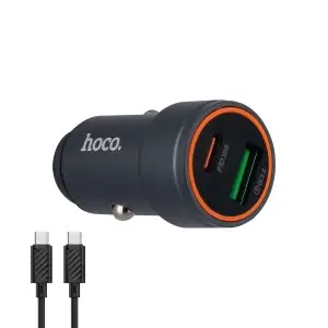 Атомобильное зарядное устройство Z57A HOCO с кабелем Type-C на Type-C PD30W + USB QC3.0 серый металлик