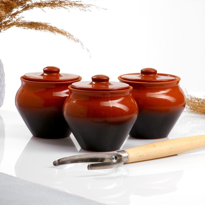 Набор  Набор "Вятская керамика Трио" 0,5лх3шт + ухват, тонированный