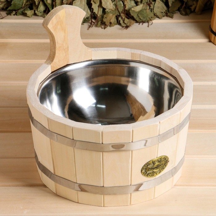 Шайка из липы, 3 л, круглая, нержавеющая вставка, Шайка из липы, 3 л, круглая, нержавеющая вставка, "Добропаровъ"