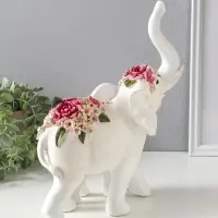 Сувенир полистоун "Белый слон со слонёнком в цветах" 25,4х13,8х29,2 см