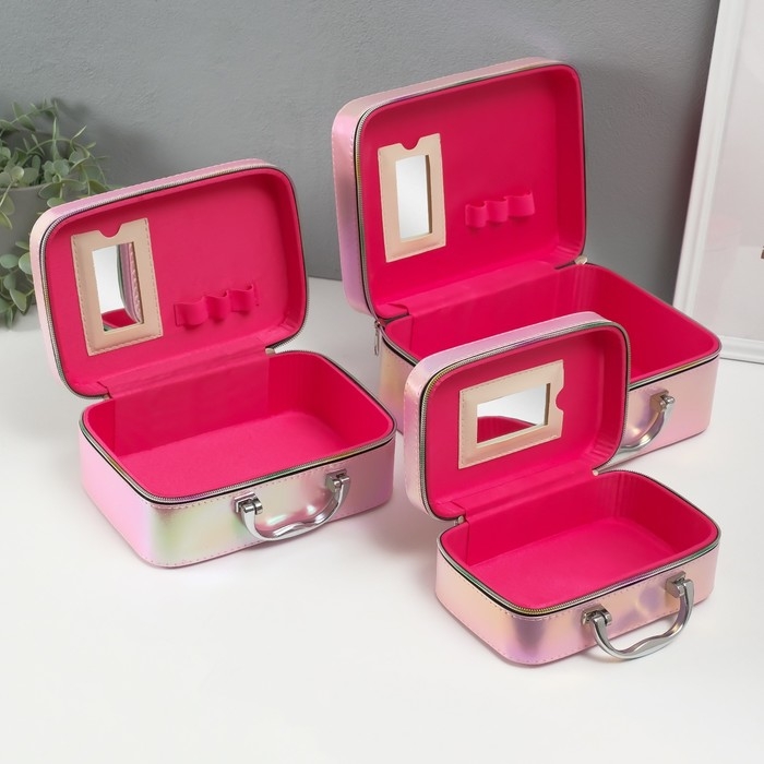 Шкатулка кожзам с зеркалом Шкатулка кожзам с зеркалом "Плетение" розовая н-р 3 шт 19,4х12,5х8 22х16х9 11,5х24,5х18,5 см