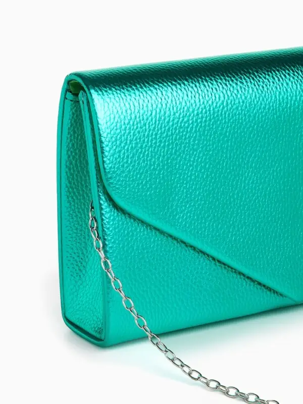 Сумка-клатч женская вечерняя на магните, на серебристой цепочке, зелёная