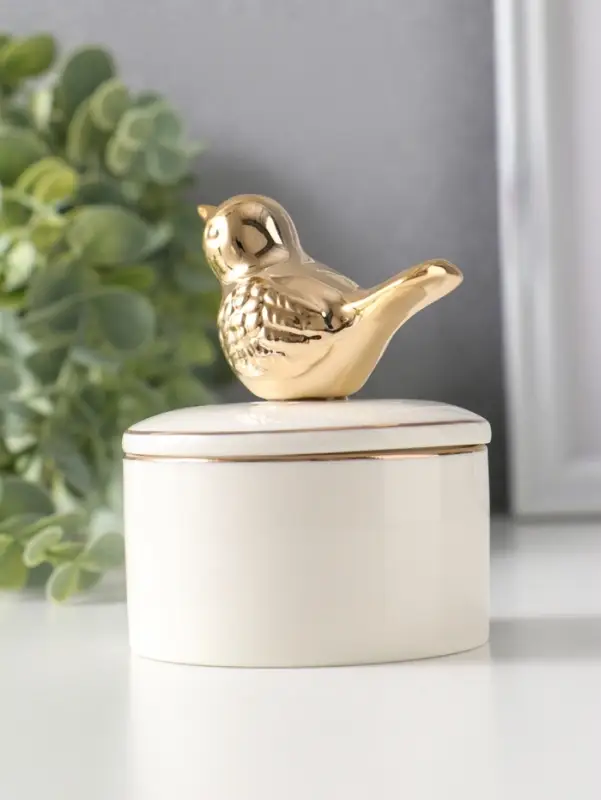 Шкатулка керамика с золотой линией "Птичка" 7х7х9 см