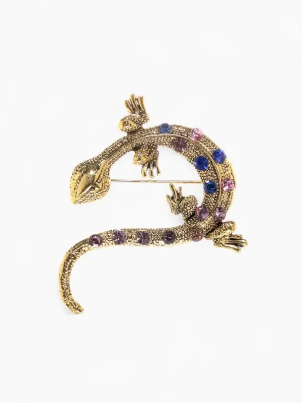 Брошь со стразами &laquo;Ящерица&raquo;, разноцветная в чернёном золоте