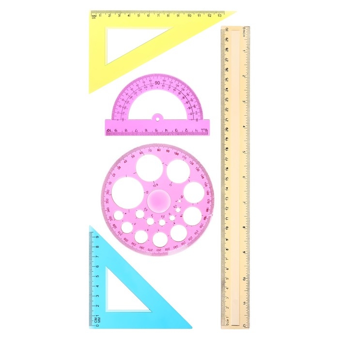 Набор геометрический, чертежный, блистер: линейка 30 см, 2 треугольника, транспортир, трафарет окружности, МИКС Набор геометрический, чертежный, блистер: линейка 30 см, 2 треугольника, транспортир, трафарет окружности, МИКС