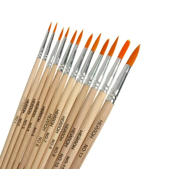 Набор кистей для рисования, нейлон, 12 штук: № 1, 2, 3, 4, 5, 6, 7, 8, 9, 10, 11, 12, круглые, деревянная ручка, международный размер