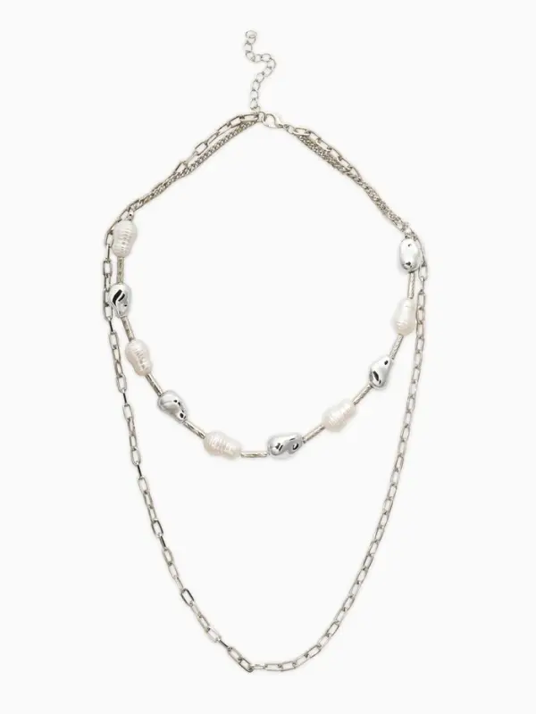 Колье цепочка &laquo;Жемчуг барокко&raquo;, удлиненное, 2 яруса, белое в серебре