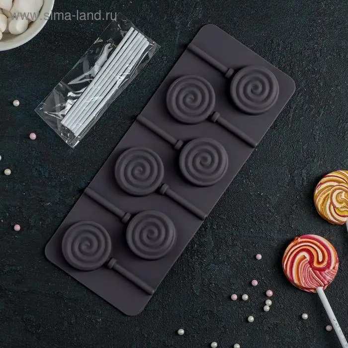Форма для леденцов Доляна «Леденец», силикон, 9.5×24 см, 6 ячеек (8.2×3.9 см), с палочками, МИКС Форма для леденцов Доляна «Леденец», силикон, 9.5×24 см, 6 ячеек (8.2×3.9 см), с палочками, МИКС