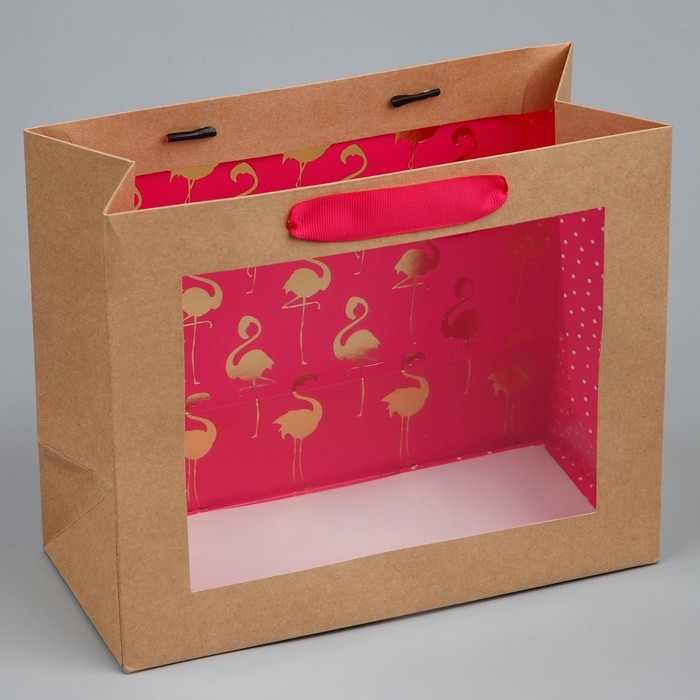 Пакет подарочный крафтовый с пластиковым окном, упаковка, «Фламинго», 24 х 20 х 11см Пакет подарочный крафтовый с пластиковым окном, упаковка, «Фламинго», 24 х 20 х 11см