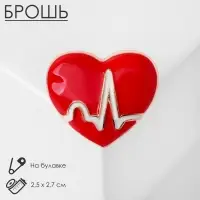 Брошь &laquo;Сердце&raquo; кардиограмма, цвет красно-белый в золоте