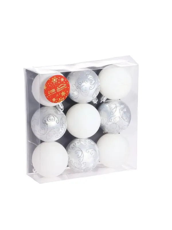 Ёлочные игрушки &laquo;Морозные узоры&raquo;, шары новогодние, d=6 см, набор 9 шт., белый/серебро