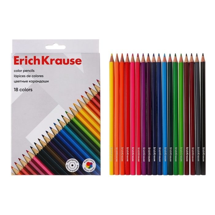 Карандаши 18 цветов ErichKrause шестигранные, деревяные, европодвес Карандаши 18 цветов ErichKrause шестигранные, деревяные, европодвес