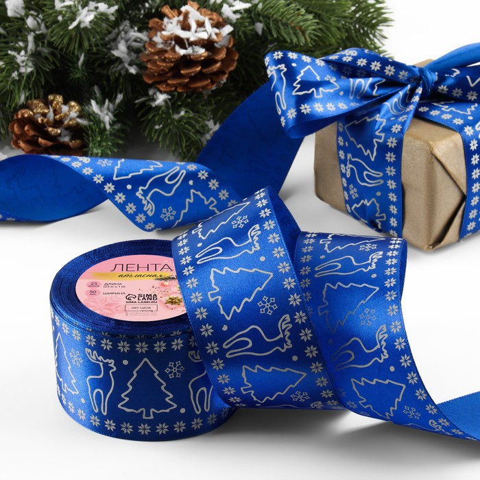 Лента атласная «Олени», 50 мм, 23 ± 1 м, цвет синий №122 Лента атласная «Олени», 50 мм, 23 ± 1 м, цвет синий №122