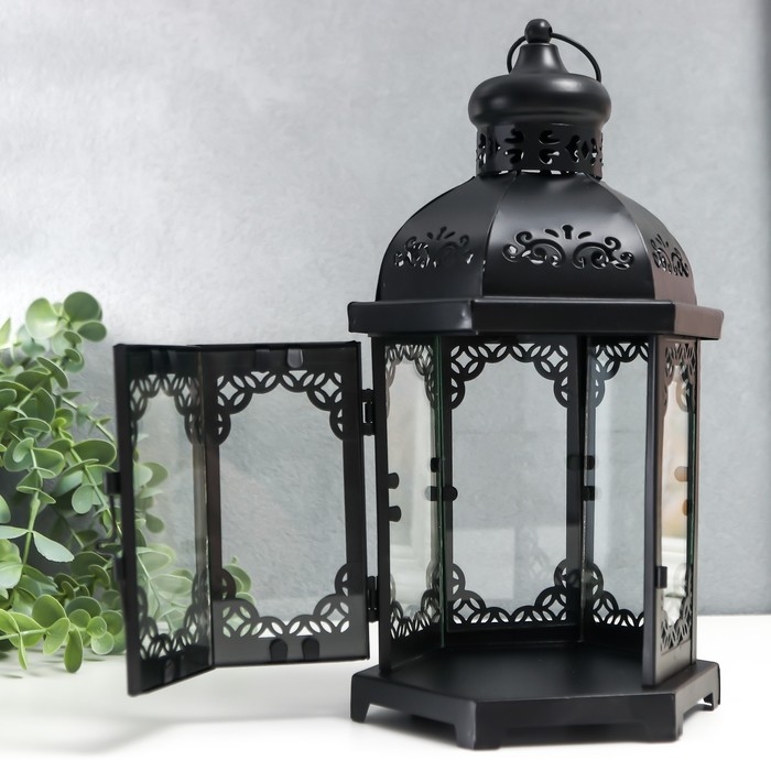 Подсвечник металл, стекло Подсвечник металл, стекло "Фонарь - цветущие вензеля" d-10 см чёрный 13,5х15х29 см