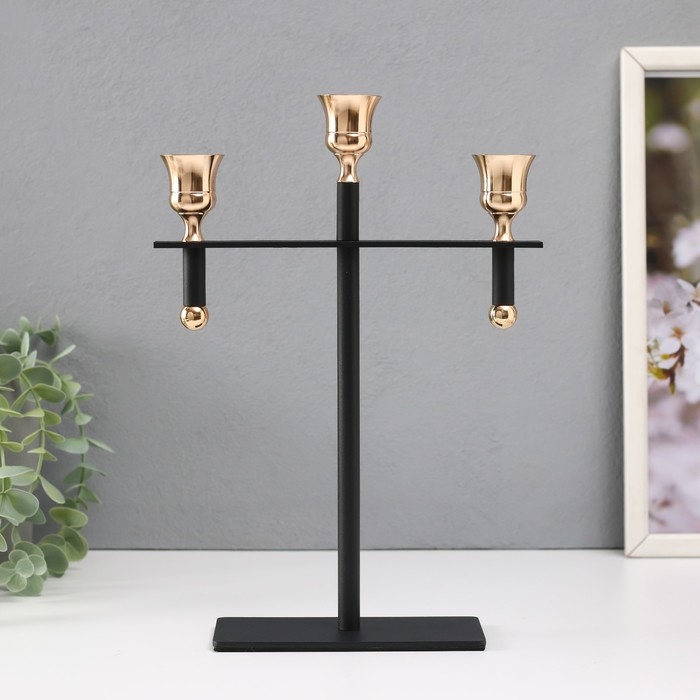 Подсвечник металл на 3 свечи  Подсвечник металл на 3 свечи "Кельт" d=2 см чёрный с золотом 20х7х28 см