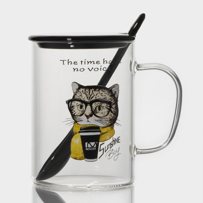 Кружка стеклянная с керамической крышкой и ложкой «Хипстер», 450 мл, рисунок МИКС Кружка стеклянная с керамической крышкой и ложкой «Хипстер», 450 мл, рисунок МИКС