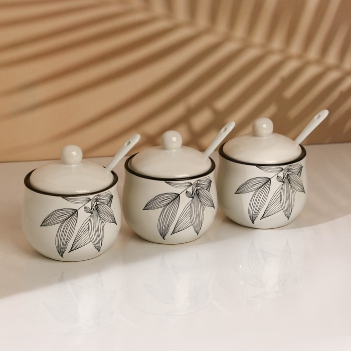 Банки керамические для специй на металлической подставке «Листья», 200 мл, 3 шт Банки керамические для специй на металлической подставке «Листья», 200 мл, 3 шт