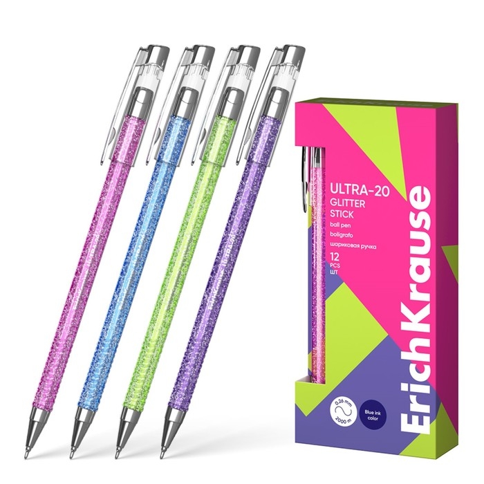 Ручка шариковая ErichKrause ULTRA-20 Stick Glitter, узел 0.7 мм, чернила синие, длина линии письма 2000 метров Ручка шариковая ErichKrause ULTRA-20 Stick Glitter, узел 0.7 мм, чернила синие, длина линии письма 2000 метров