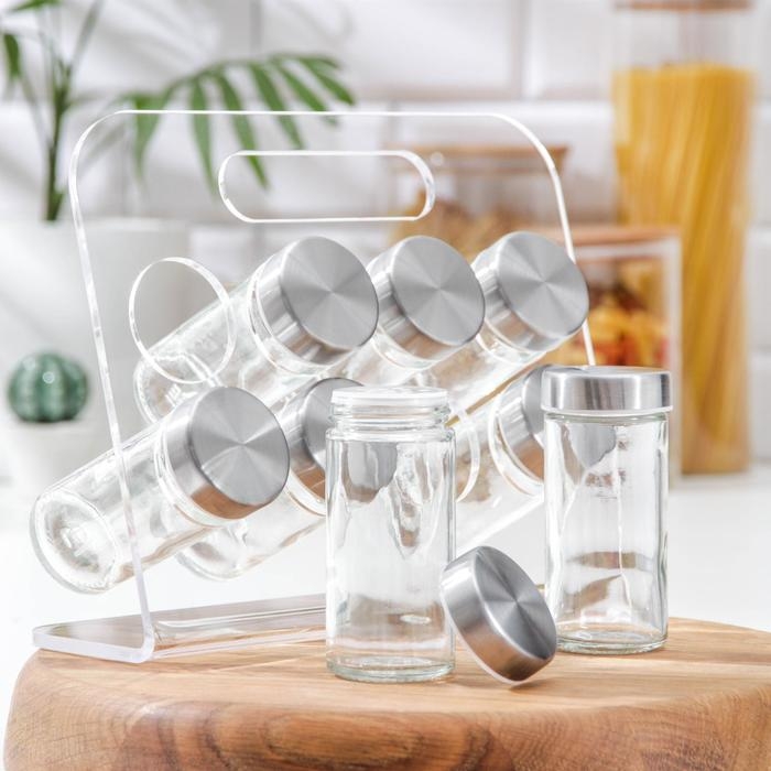 Набор для специй на подставке «Хай-тек», 16×16×16 см, ёмкость, 90 мл, 4×9,5 см, 8 шт Набор для специй на подставке «Хай-тек», 16×16×16 см, ёмкость, 90 мл, 4×9,5 см, 8 шт