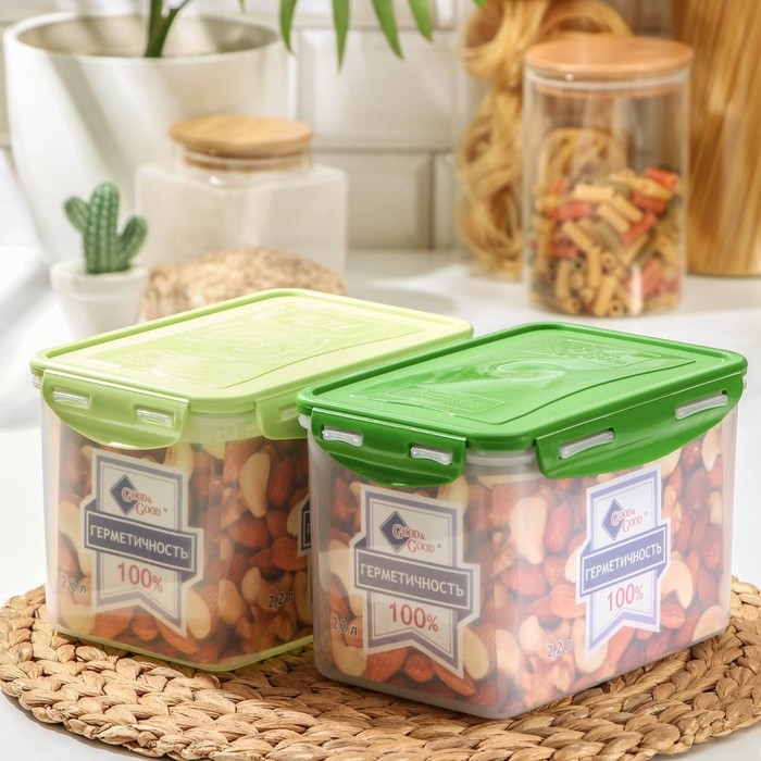 Контейнер пищевых Good & Good, с герметичной крышкой , 2,2 л, цвет прозрачный, крышка МИКС Контейнер пищевых Good & Good, с герметичной крышкой , 2,2 л, цвет прозрачный, крышка МИКС