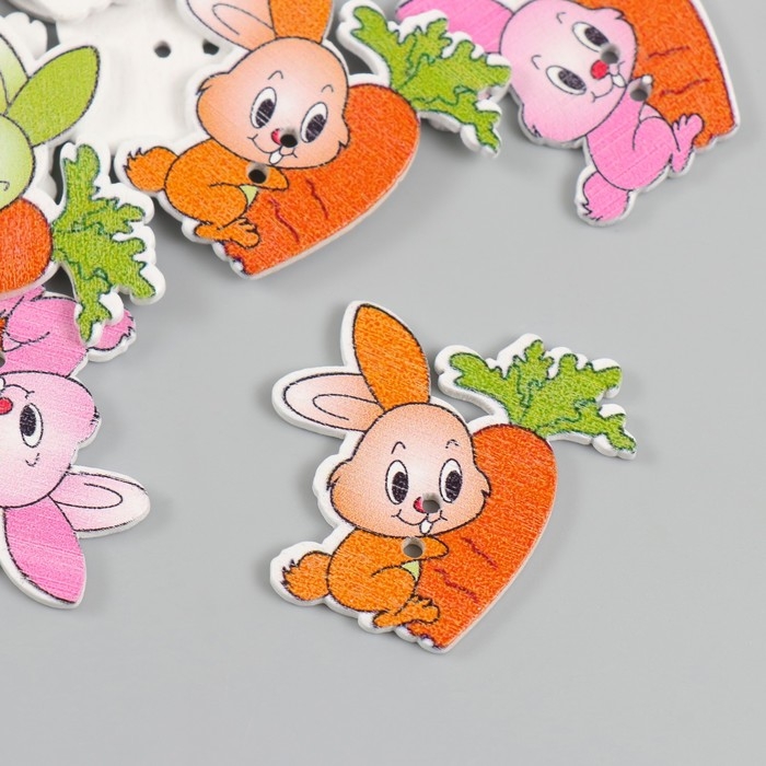 Пуговицы дерево для творчества 2 прокола Пуговицы дерево для творчества 2 прокола "Зайчик с морковкой" набор 15 шт 3,3х3,7 см