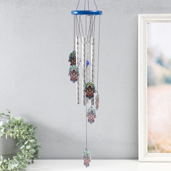 Музыка ветра дерево, металл Музыка ветра дерево, металл "Абхая мудра" от сглаза 4 трубочки h= 46 см, синий