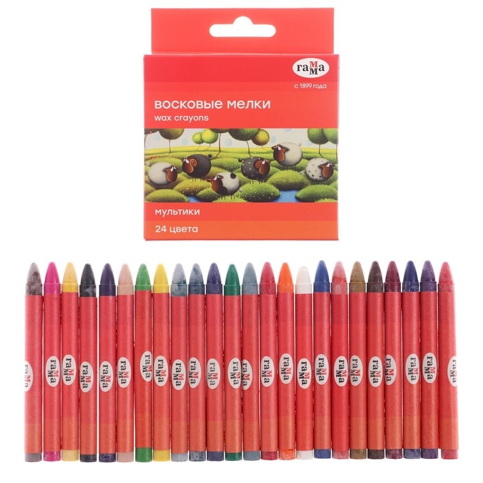 Мелки восковые 24 цвета, Мелки восковые 24 цвета, "Гамма" "Мультики", круглые, европодвес
