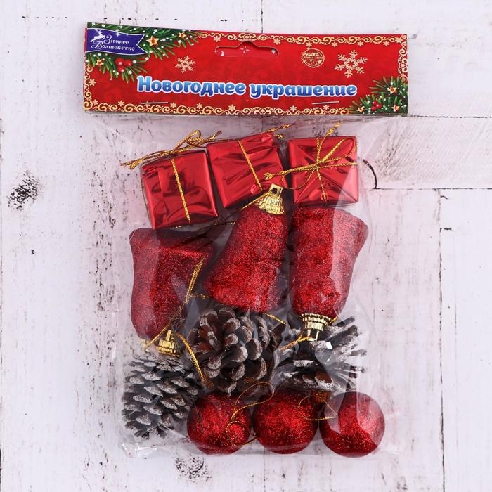 Набор украшений пластик 12 шт Набор украшений пластик 12 шт "Сочельник" (3 шишки, 3 подарка, 3 шара, 3 колокольчиков) микс