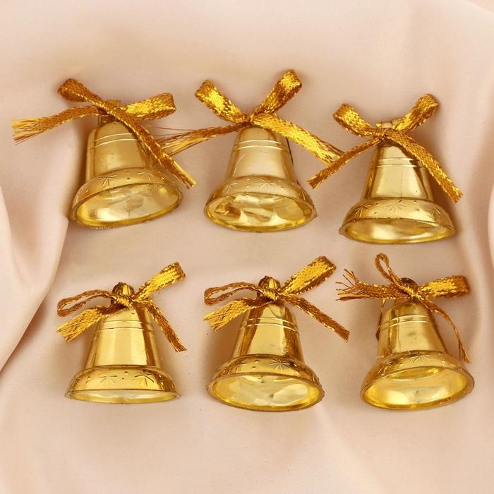 Украшение ёлочное "Колокольчики со звёздочками и бантиком" (набор 6 шт) 3 см, микс