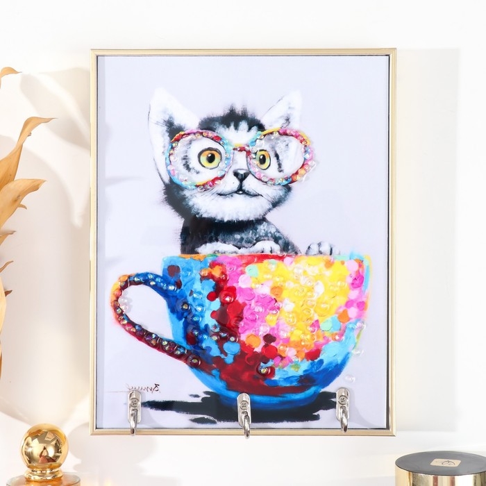 Ключница пластик, МДФ 3 крючка Ключница пластик, МДФ 3 крючка "Чашечка котэ" стразы, золото 18,5х1,8х23,5 см