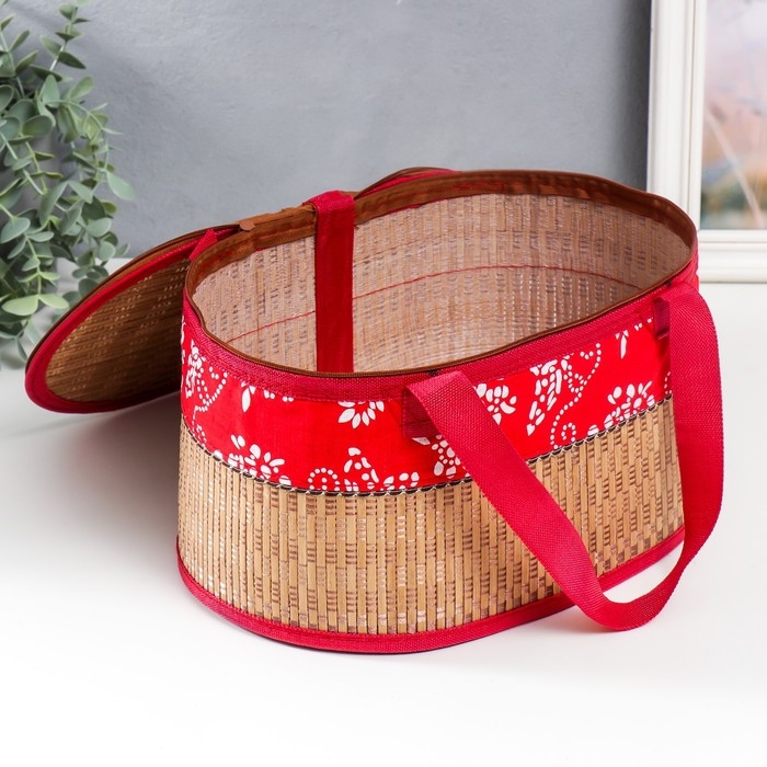 Шкатулка бамбук Шкатулка бамбук "Цветы на красном" с ручками, молния 16х20х30 см
