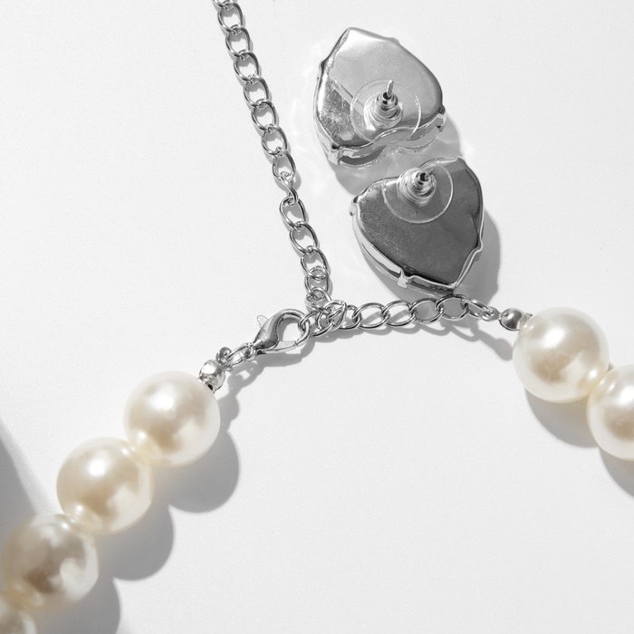 Набор 2 предмета; серьги, колье «Сердце» крупный жемчуг, цвет белый в серебре Набор 2 предмета; серьги, колье «Сердце» крупный жемчуг, цвет белый в серебре