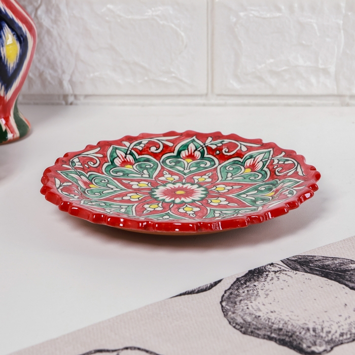 Тарелка Риштанская Керамика Тарелка Риштанская Керамика "Узоры", красная, 17 см, рифлёная