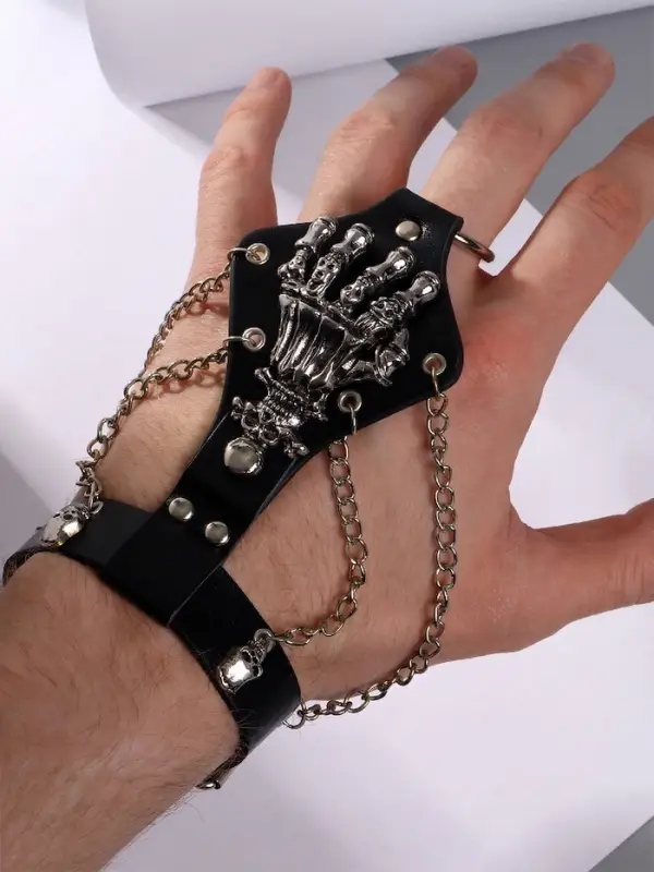 Браслет кожаный унисекс &laquo;Слейв. Скелет&raquo;, L=21.5 см, чёрный с серебром