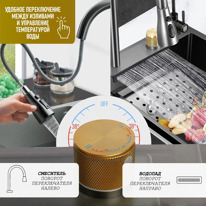 Кухонная мойка ZEIN M03, S=3.0 и 0.7мм, смеситель, корзины, разделочная доска, сифон, графит Кухонная мойка ZEIN M03, S=3.0 и 0.7мм, смеситель, корзины, разделочная доска, сифон, графит