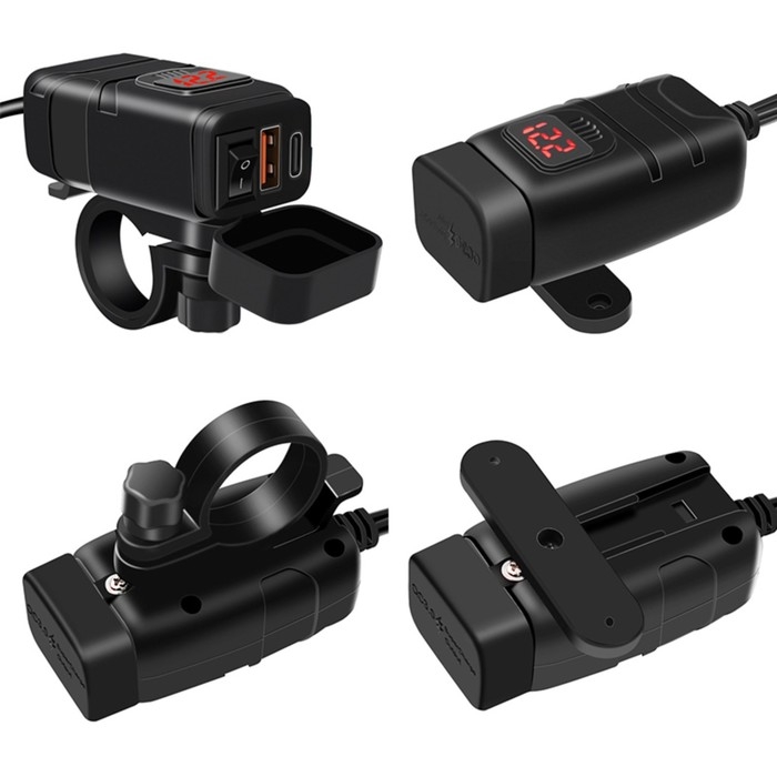 Зарядное устройство на руль мото с тумблером, USB + 3.0 Type-C, провод 40 см Зарядное устройство на руль мото с тумблером, USB + 3.0 Type-C, провод 40 см