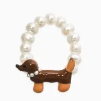 Кольцо "Такса" собака с жемчужным ошейником, цвет бело-коричневый