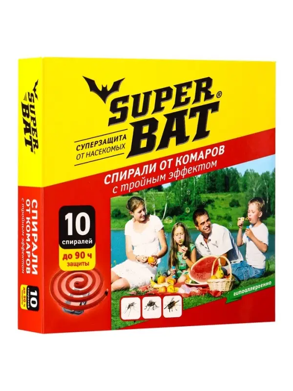 Спирали от комаров SuperBat, тройной эффект, 10 шт.