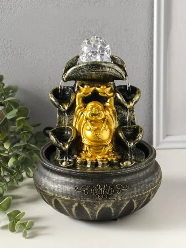 Фонтан настольный от сети, подсветка "Хотей с двумя слитками золота" 16х16х20 см