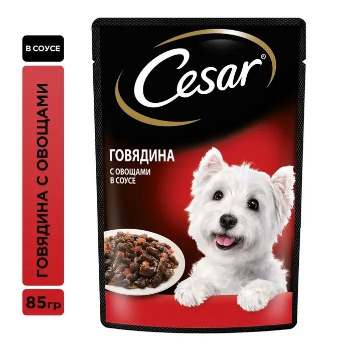Влажный корм Cesar для собак, говядина с овощами, в соусе, пауч, 85 г