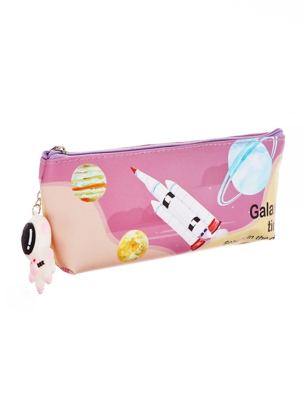 Пенал школьный на молнии Ракета Розовый, с подвеской Пенал школьный на молнии Ракета Розовый, с подвеской