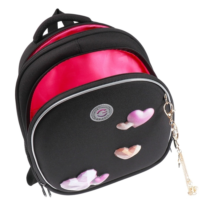 Ранец каркасный, 36 х 28 х 20 см, Grizzly, + брелок, чёрный