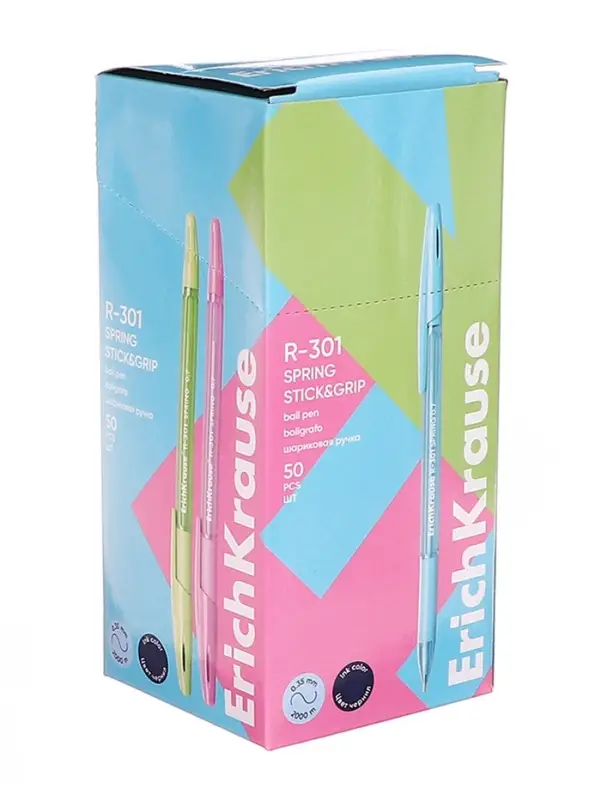 Ручка шариковая ErichKrause R=301 Spring Stick & Grip, узел 0.7 мм, синяя, резиновый упор, МИКС