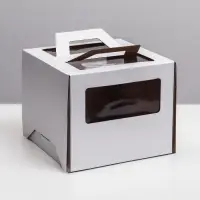 Коробка под торт 2 окна, с ручками, белая, + подложка 2.5 золото - белый, 28&times;28&times;20 см