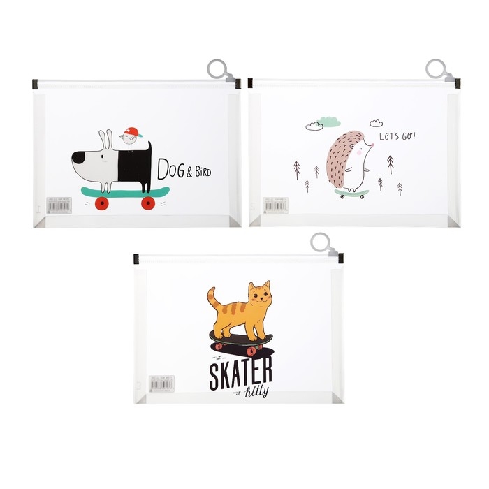 Папка-конверт на молнии формат А5, 180мкр, с рисунком Папка-конверт на молнии формат А5, 180мкр, с рисунком "Звери на скейтборде и сноуборде", МИКС