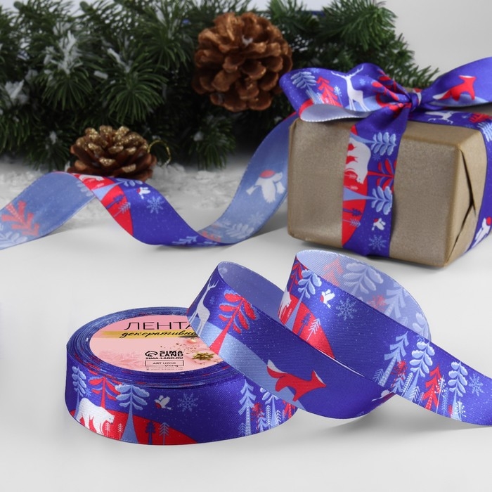 Лента атласная «Зимний лес», 25 мм, 23 ± 1 м, цвет синий Лента атласная «Зимний лес», 25 мм, 23 ± 1 м, цвет синий