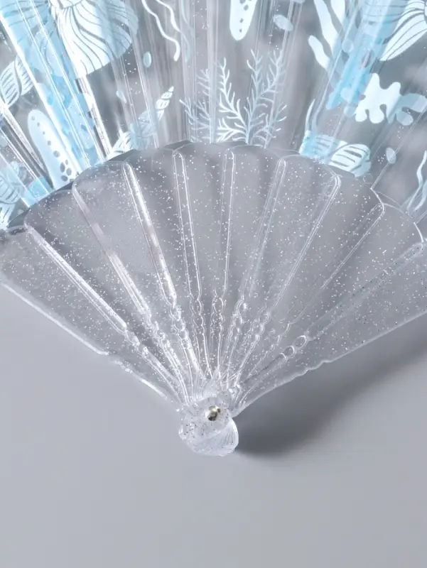 Веер складной пластик &laquo;Морские ракушки и кораллы&raquo;, голубой, блеск, 23 см