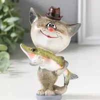Фигурка полистоун лак &laquo;Котик-рыбак с уловом&raquo;, 9.2&times;6.3&times;14 см